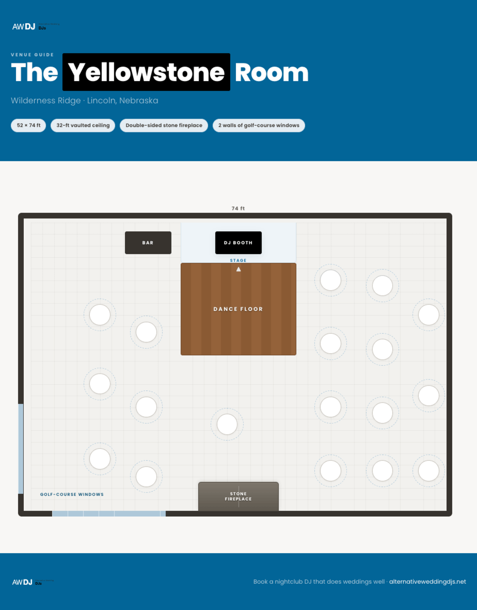 Graphic layout of room showing placement of tables and dance floor