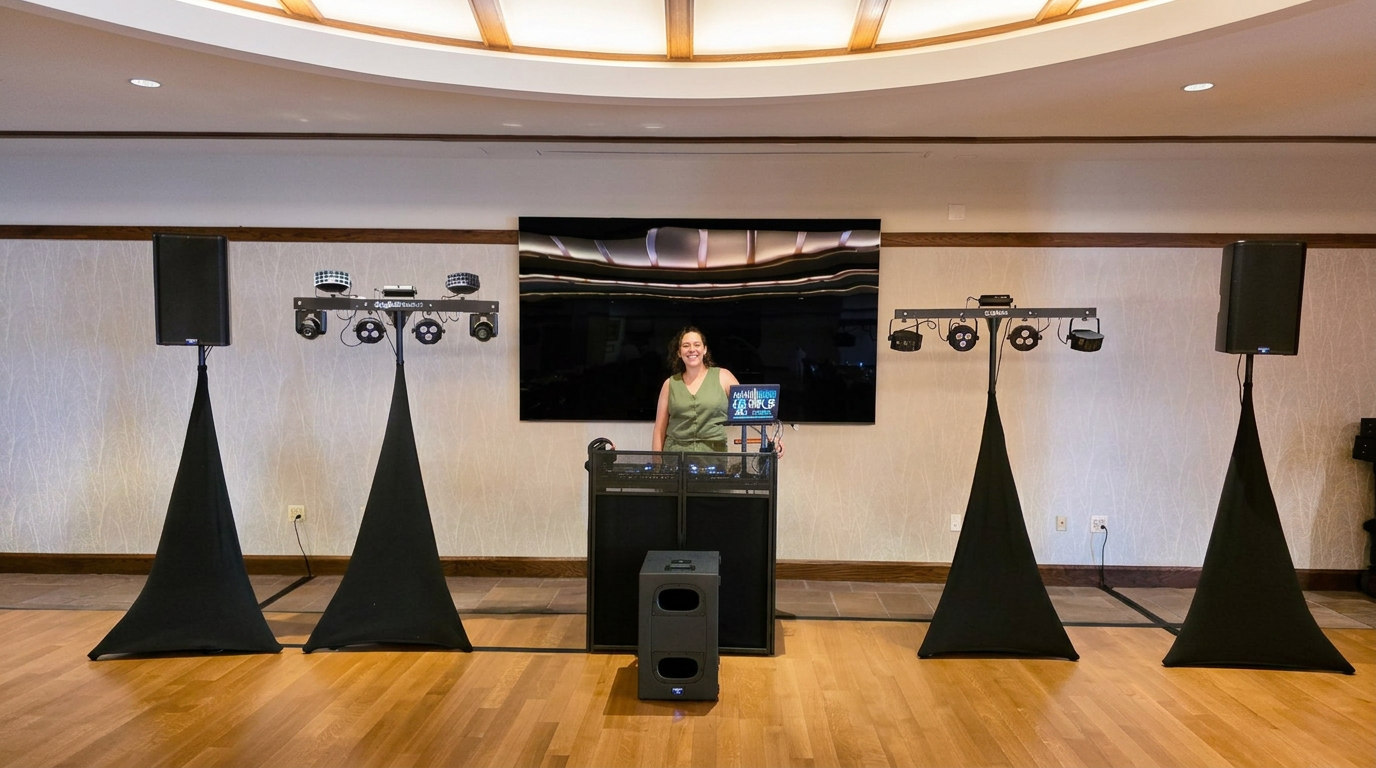 : DJ booth and speaker setup for an Austin wedding reception
