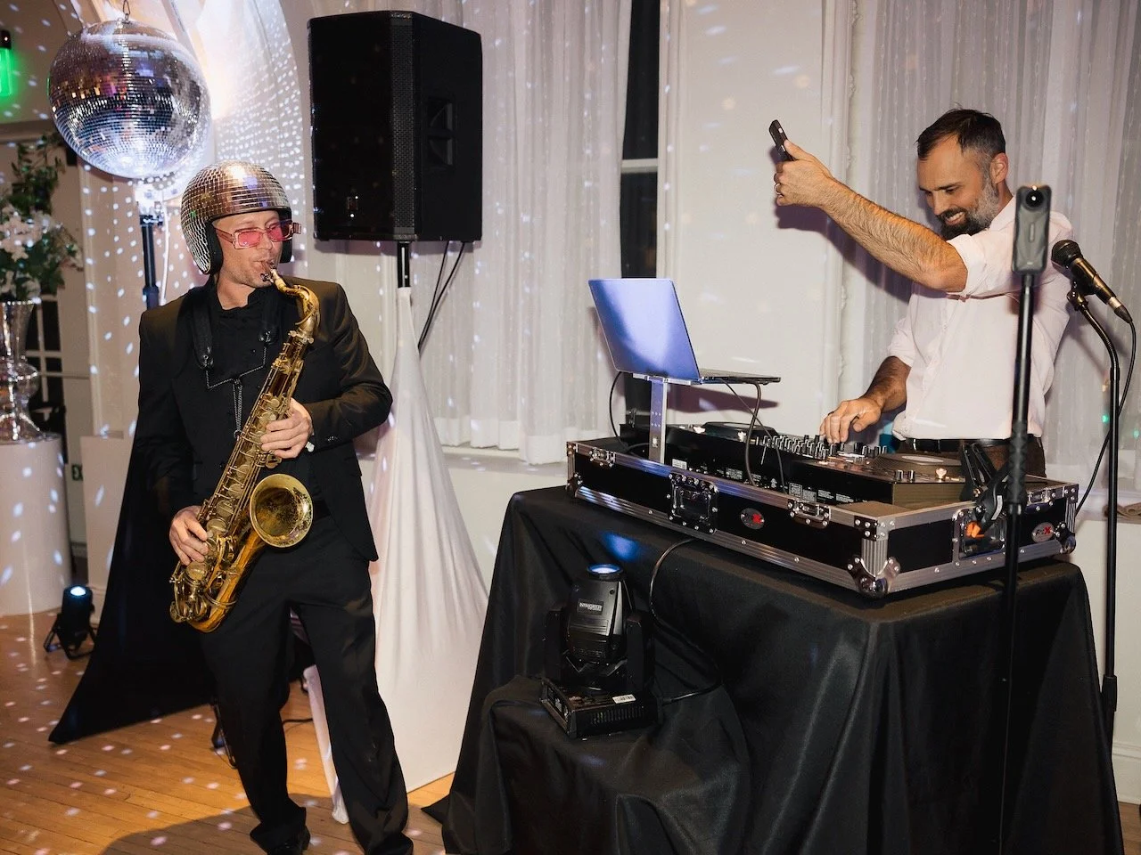 DJ booth set up in the Schimmel Ballroom at the Kimpton Cottonwood Hotel in Omaha