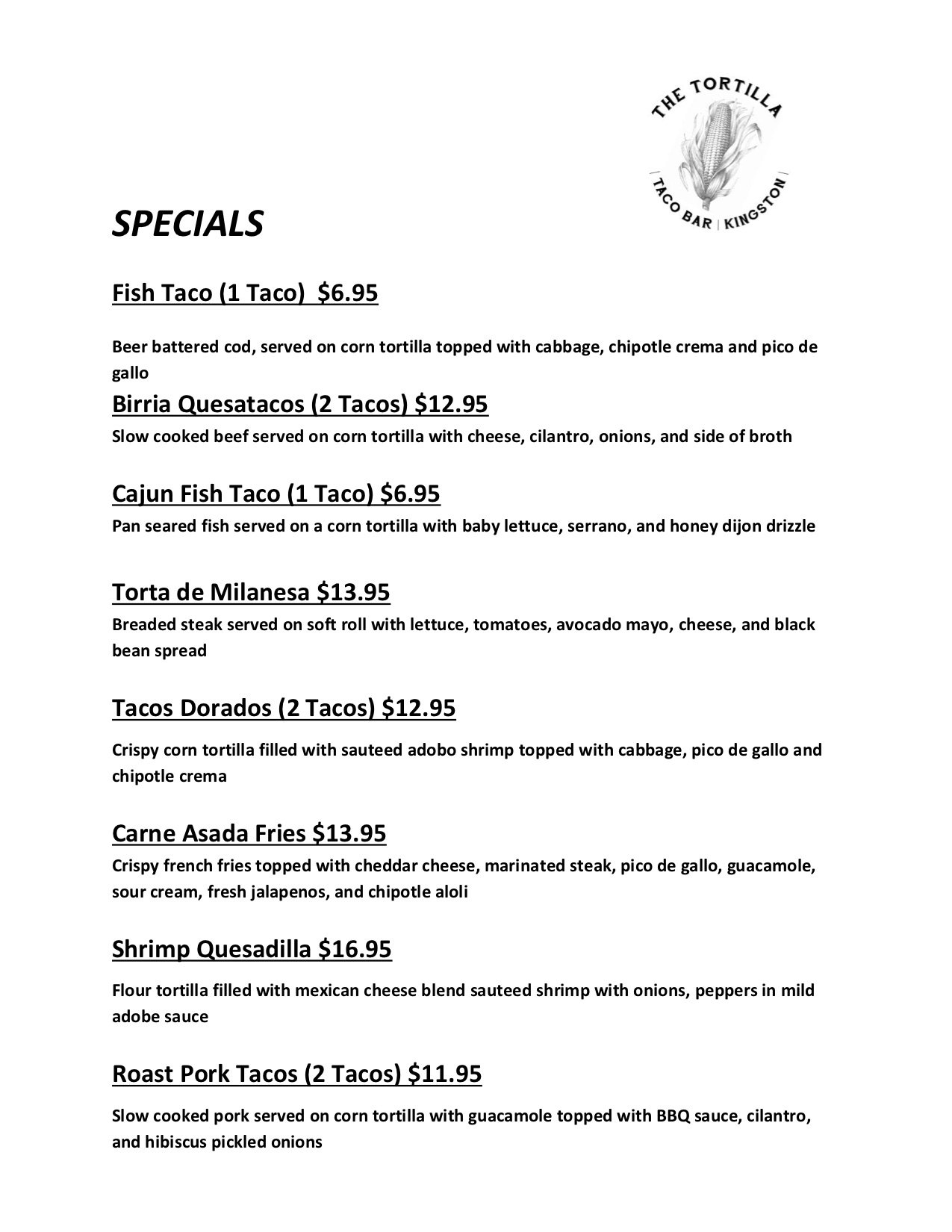 SPECIALS — THE TORTILLA TACO BAR