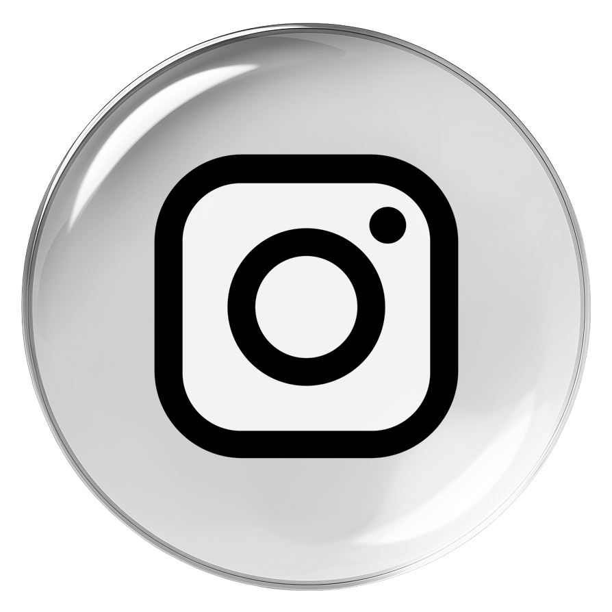 A round, silver badge with the black Instagram logo in the center.