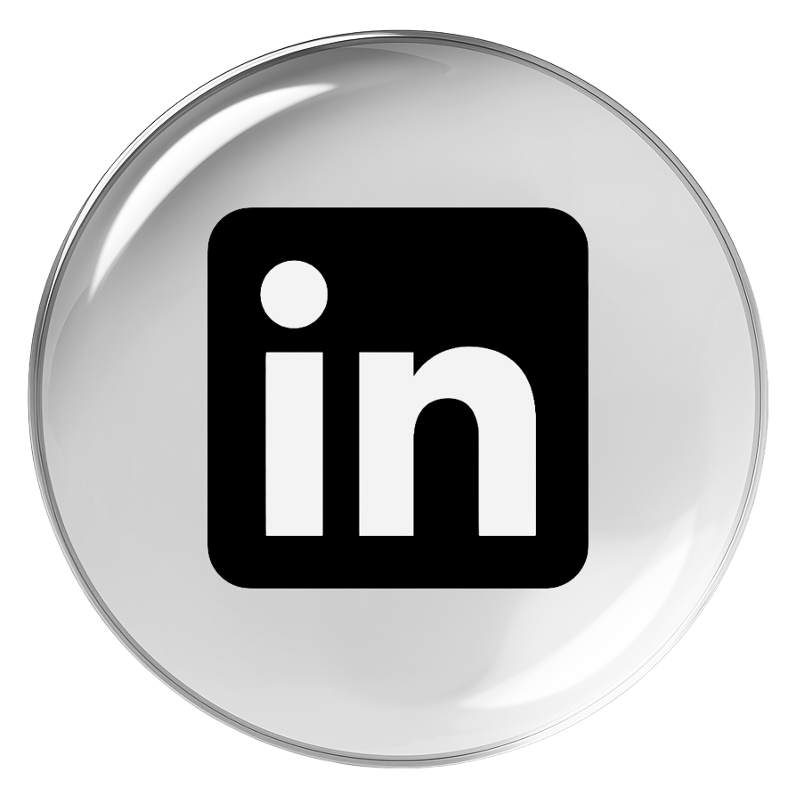 A circular button with a silver edge and a white center, featuring the black LinkedIn logo in the middle.
