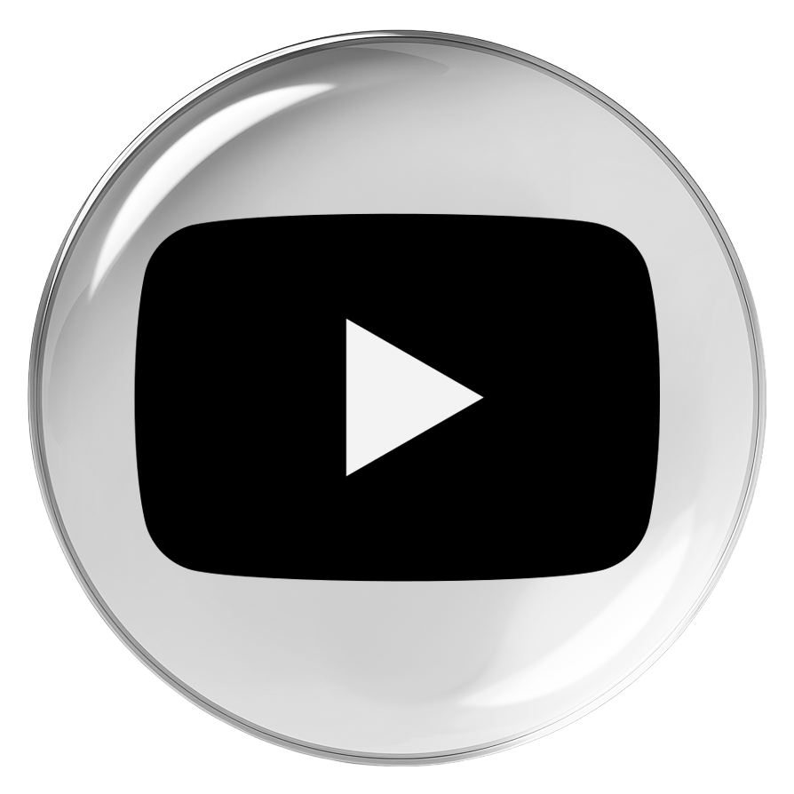A shiny, metallic button with the YouTube play icon in the center.