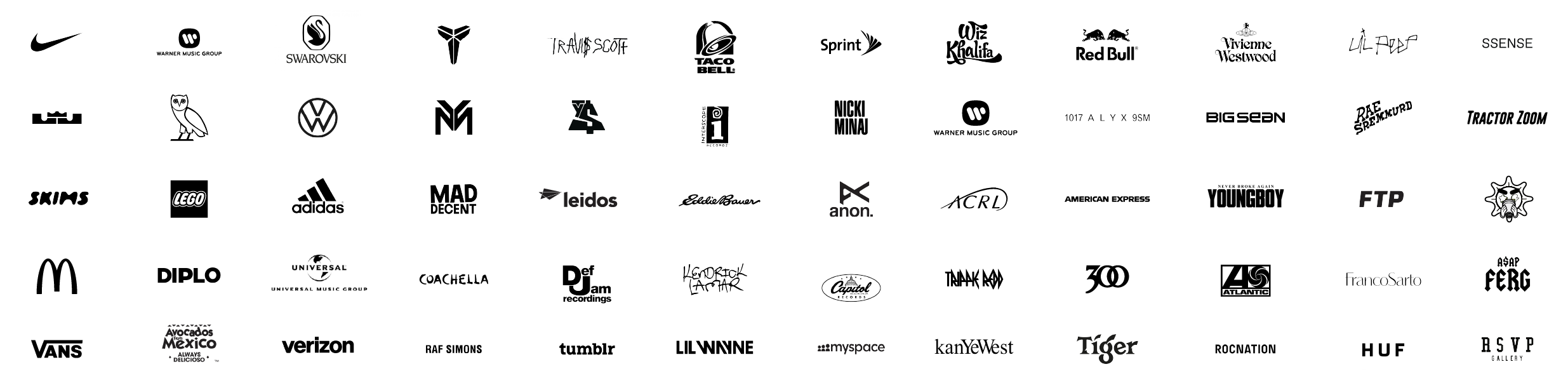 Collection of various brand logos arranged in rows and columns.