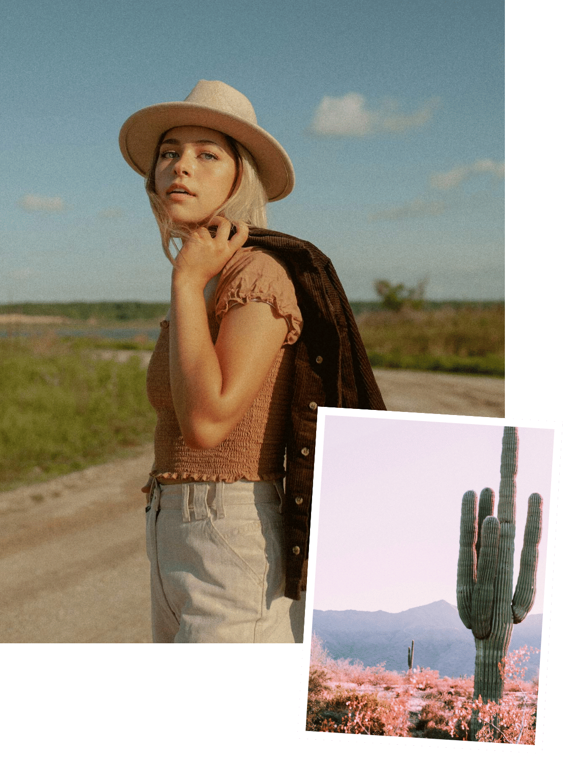 A young woman with blonde hair and fair skin wearing a beige hat and a peach-colored top, carrying a brown jacket over her shoulder, standing in a rural outdoor setting with a dirt road and green fields under a blue sky with a few clouds. A photograph of a large saguaro cactus and pink desert flora in front of distant mountains is shown in the bottom right corner of the image.