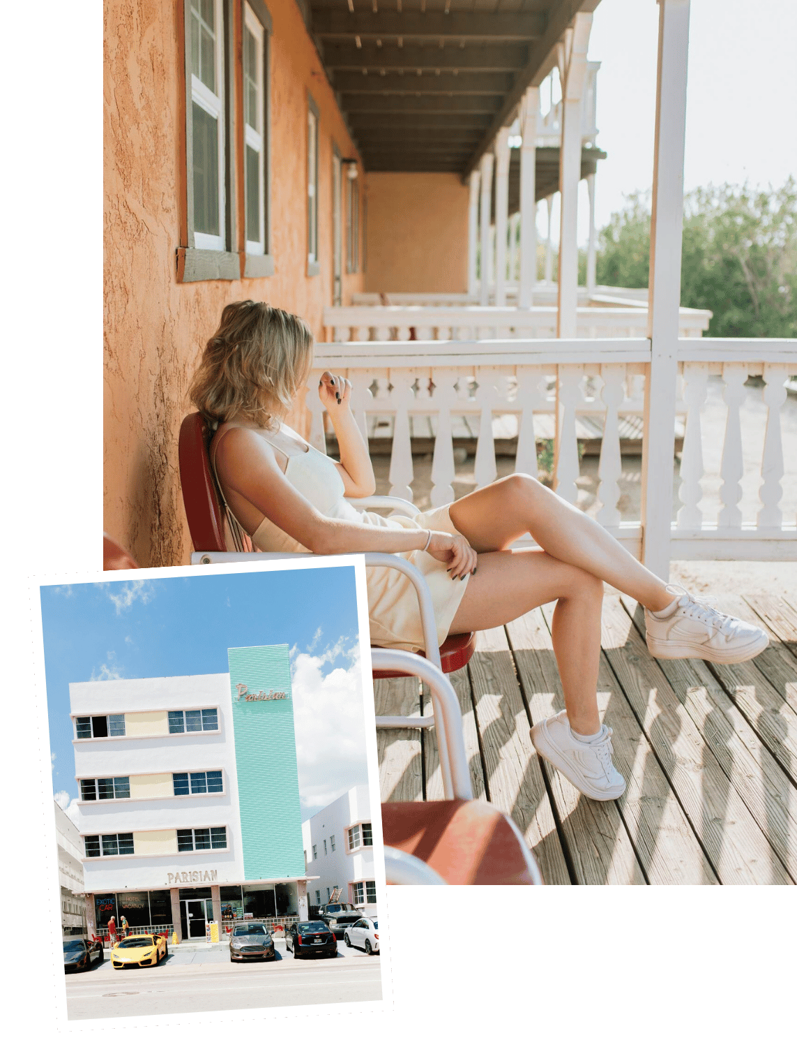 A woman with blonde hair sitting on a chair on a porch, wearing a white dress and white sneakers, relaxing and looking away. A small inset photo shows a white building with a green vertical sign that reads 'Parisiam', parked cars, and a sunny sky.