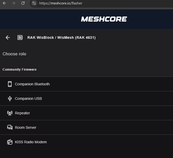 Meshcore Flasher role options