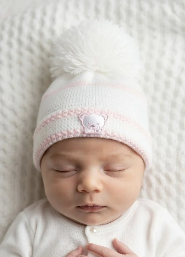 White And Pink Teddy Bear Pom Hat