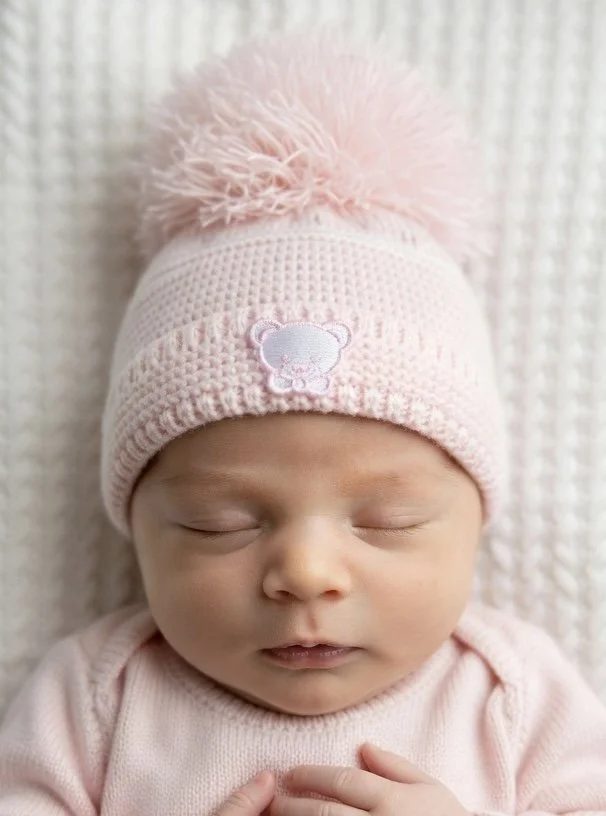 Pink And White Teddy Bear Pom Hat