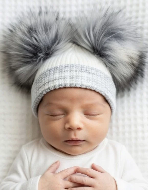 Grey And White Double Stripe Pom Pom Hat