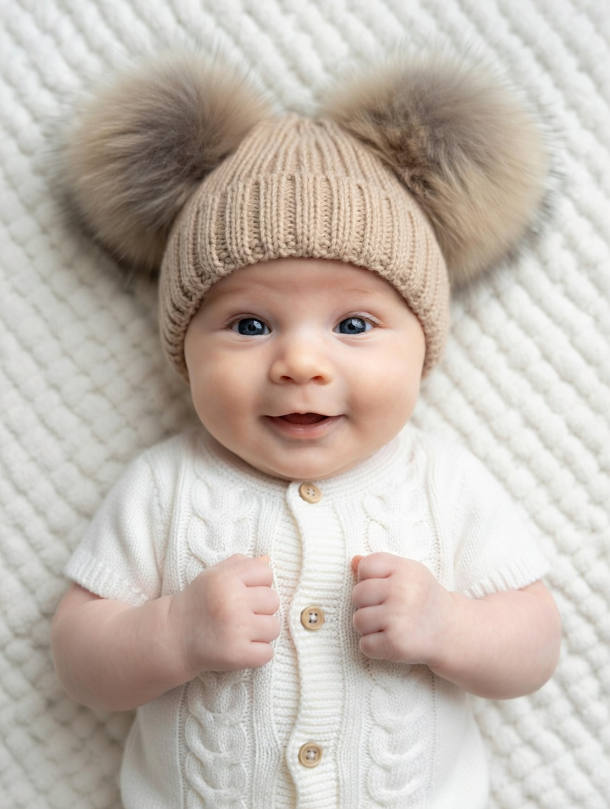 Beige Ribbed Double PomPom Hat