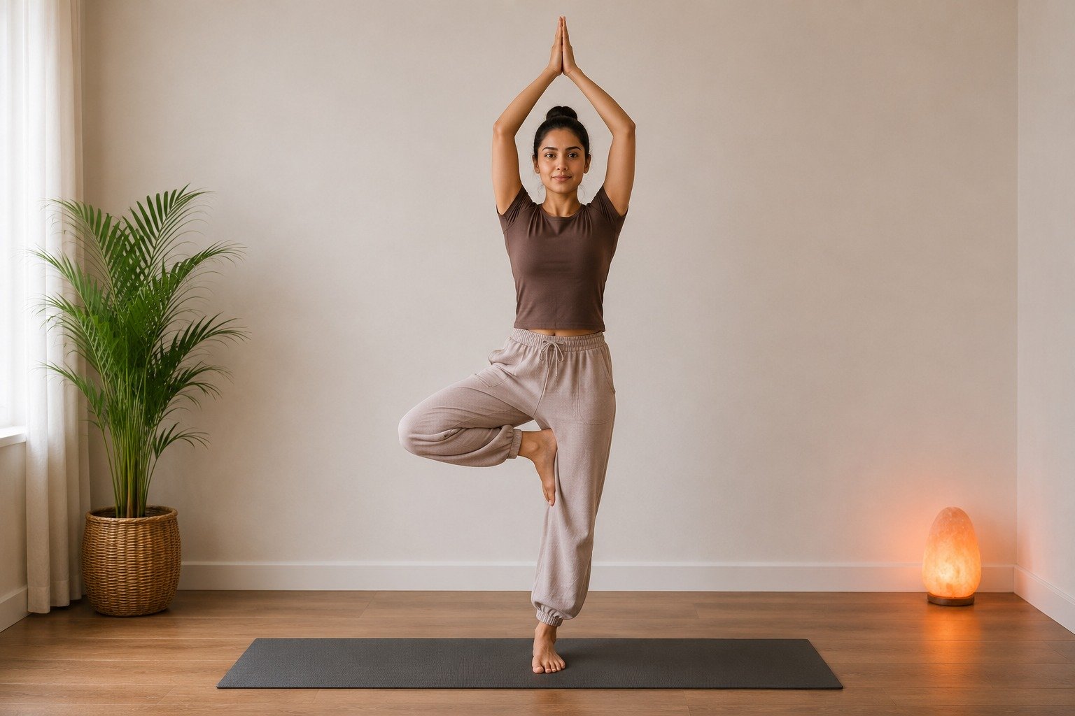 Girl does tree pose for improving health