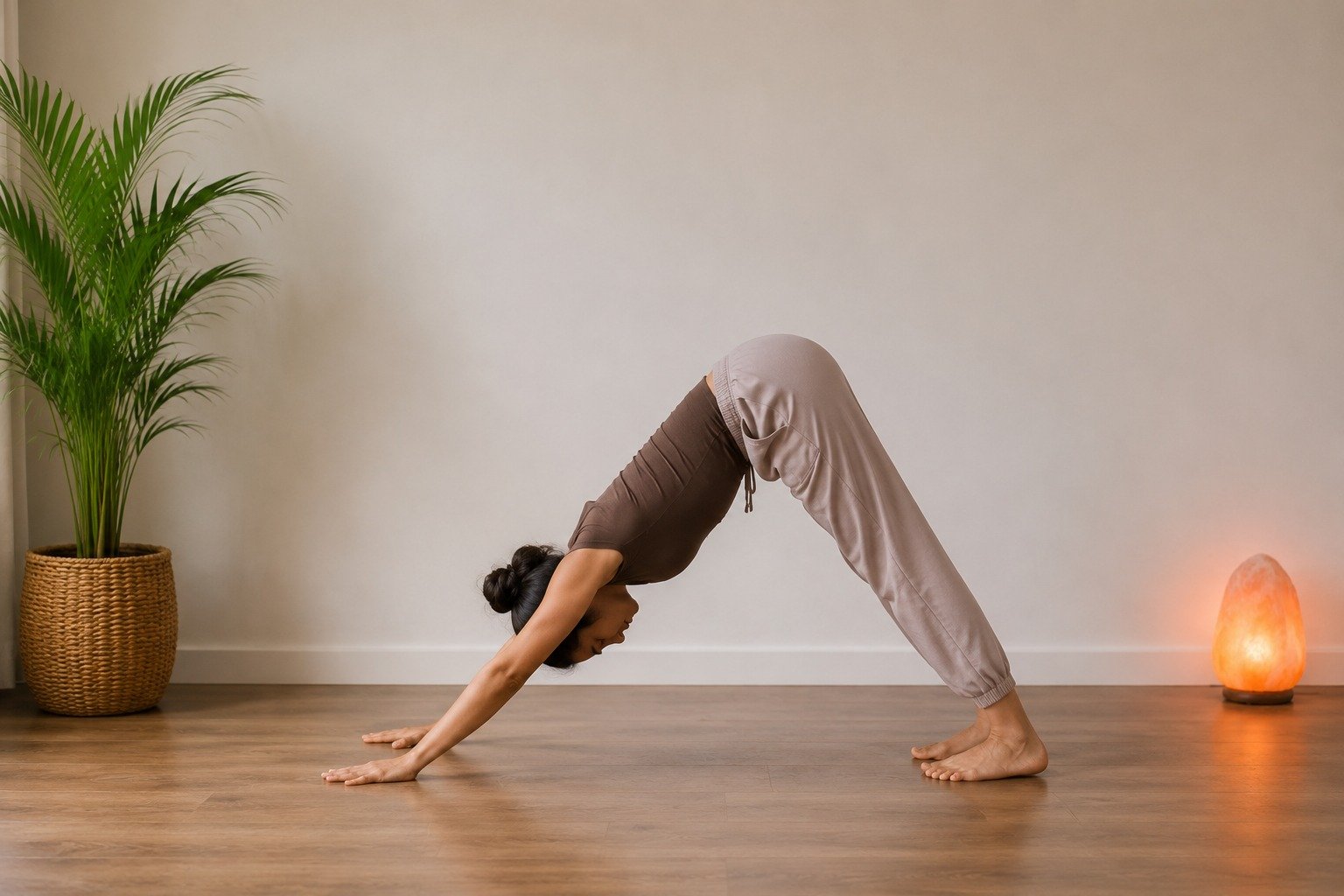 Girl does downward facing dog pose to reduce vata
