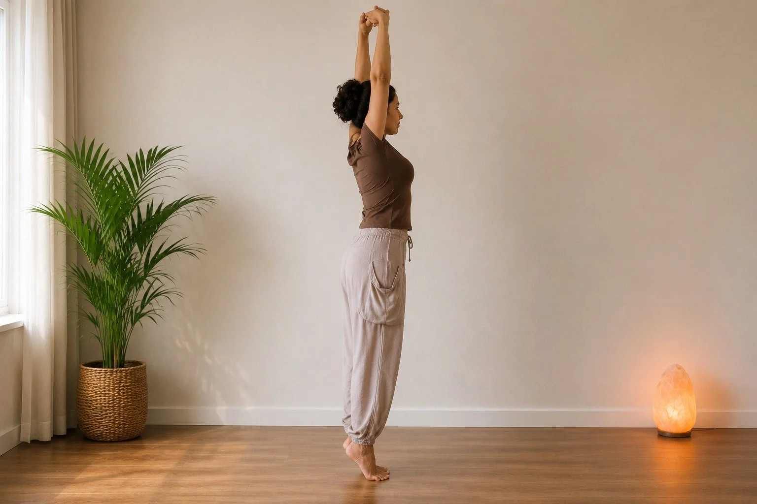 Girl does mountain pose to improve stability and reduce  excess vata, anxiety