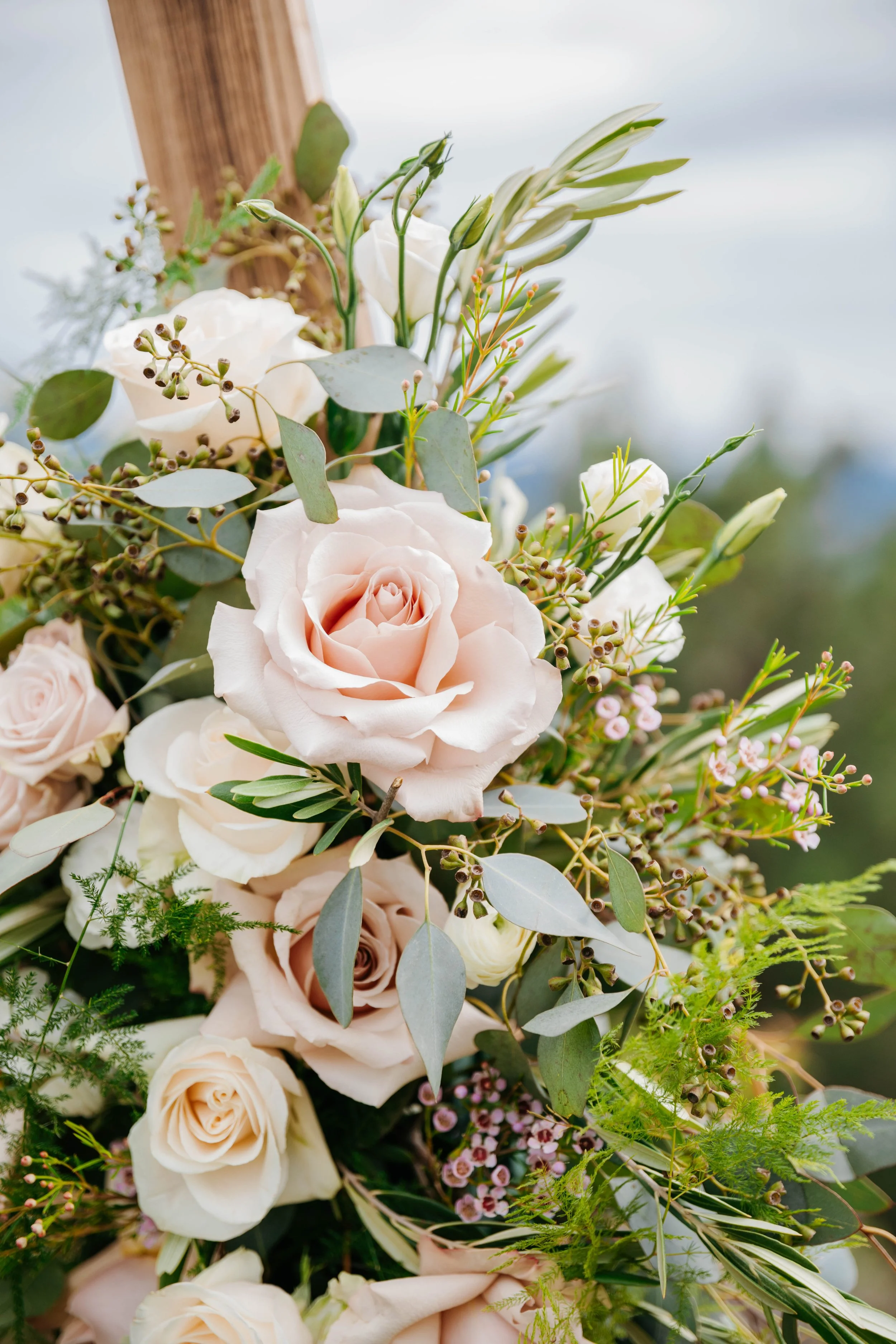 up close of arch flowers with quicksand roses, spray roses, pink waxflowers, and eucalyptus, sincerely sonora florist