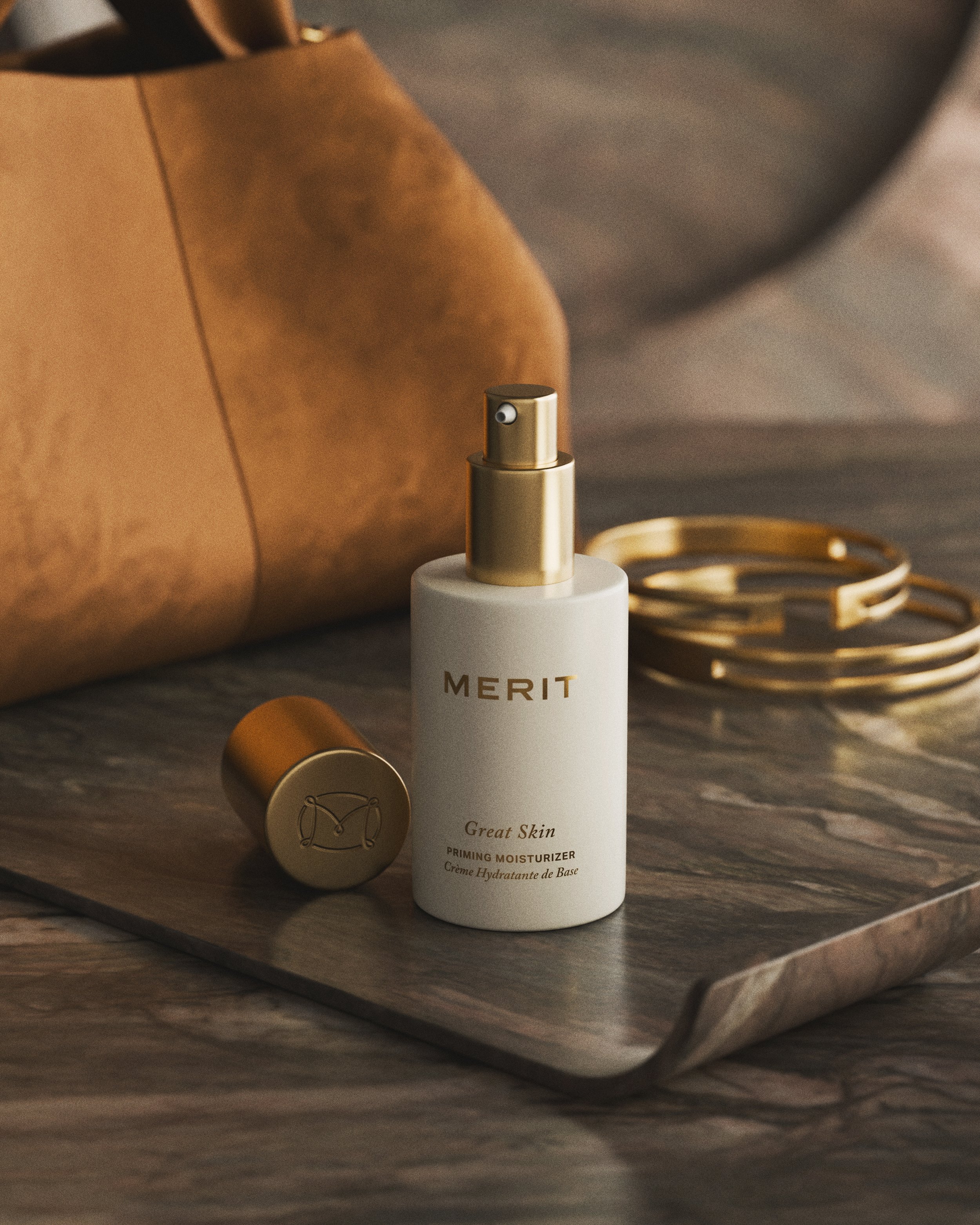 Ultra-photorealistic beauty product photography by Carlos Montelara. Luxury skincare brand imagery for Merit Beauty featuring 'Great Skin' Priming Moisturizer, created via precision CGI at Carlos Montelara Studio in New York City. This high-end edito