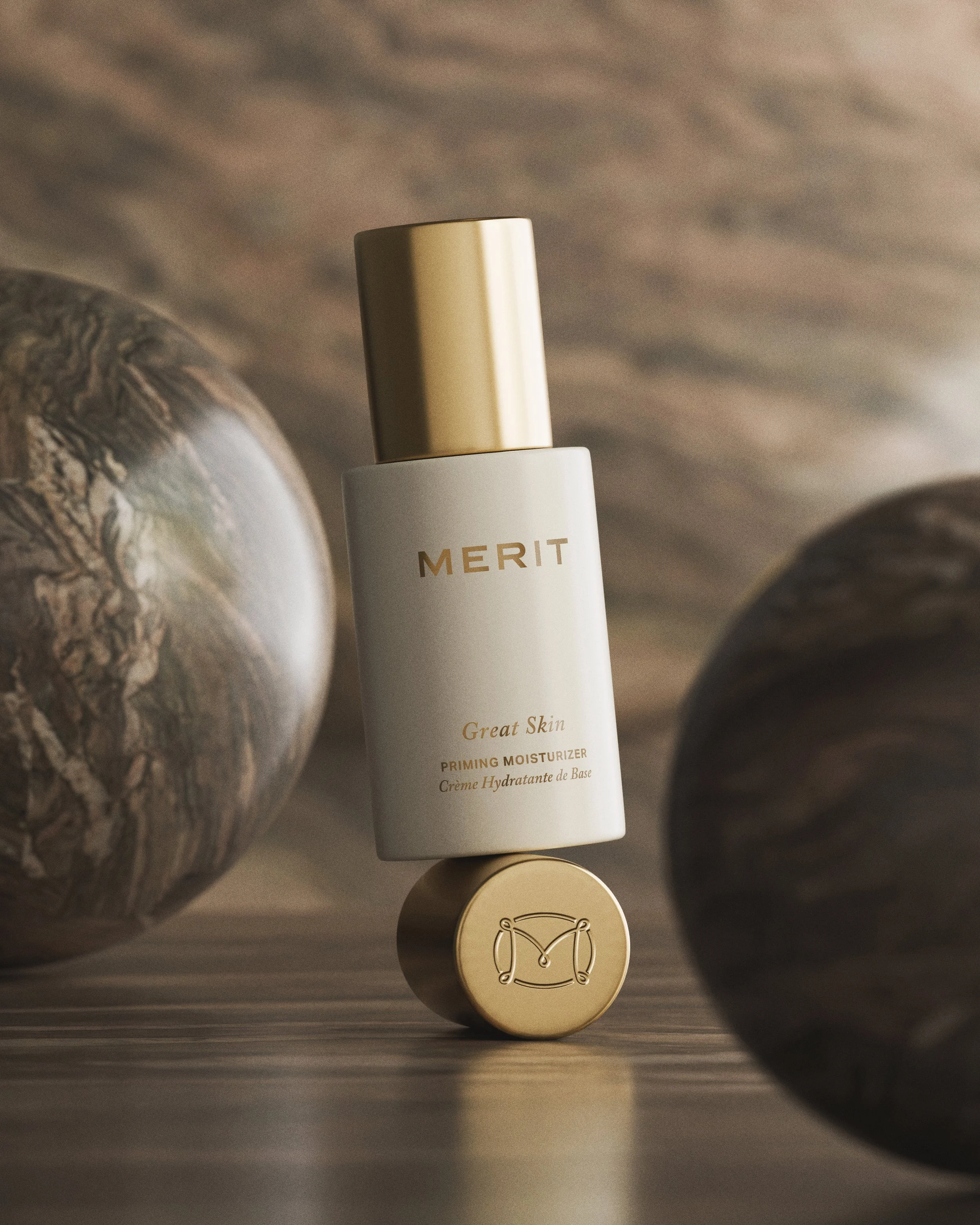 Ultra-photorealistic beauty product photography by Carlos Montelara. Luxury skincare brand imagery for Merit Beauty featuring 'Great Skin' Priming Moisturizer, created via precision CGI at Carlos Montelara Studio in New York City. This high-end edito