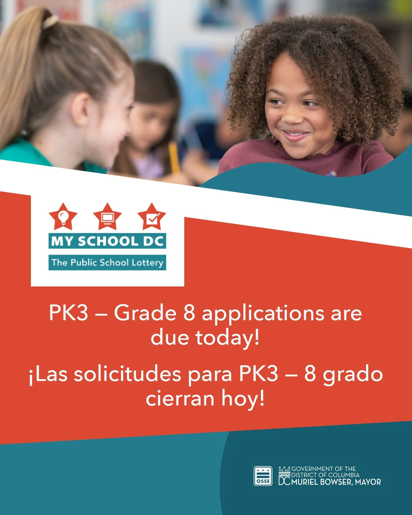 ❗DEADLINE TODAY❗

Today is the final day to submit a lottery application for PK3 - Grade 8 for the 2026-27 school year.

Applications close at 11:59 p.m. tonight.

If you need help, the My School DC hotline is available until 5 p.m. at (202) 888-6336