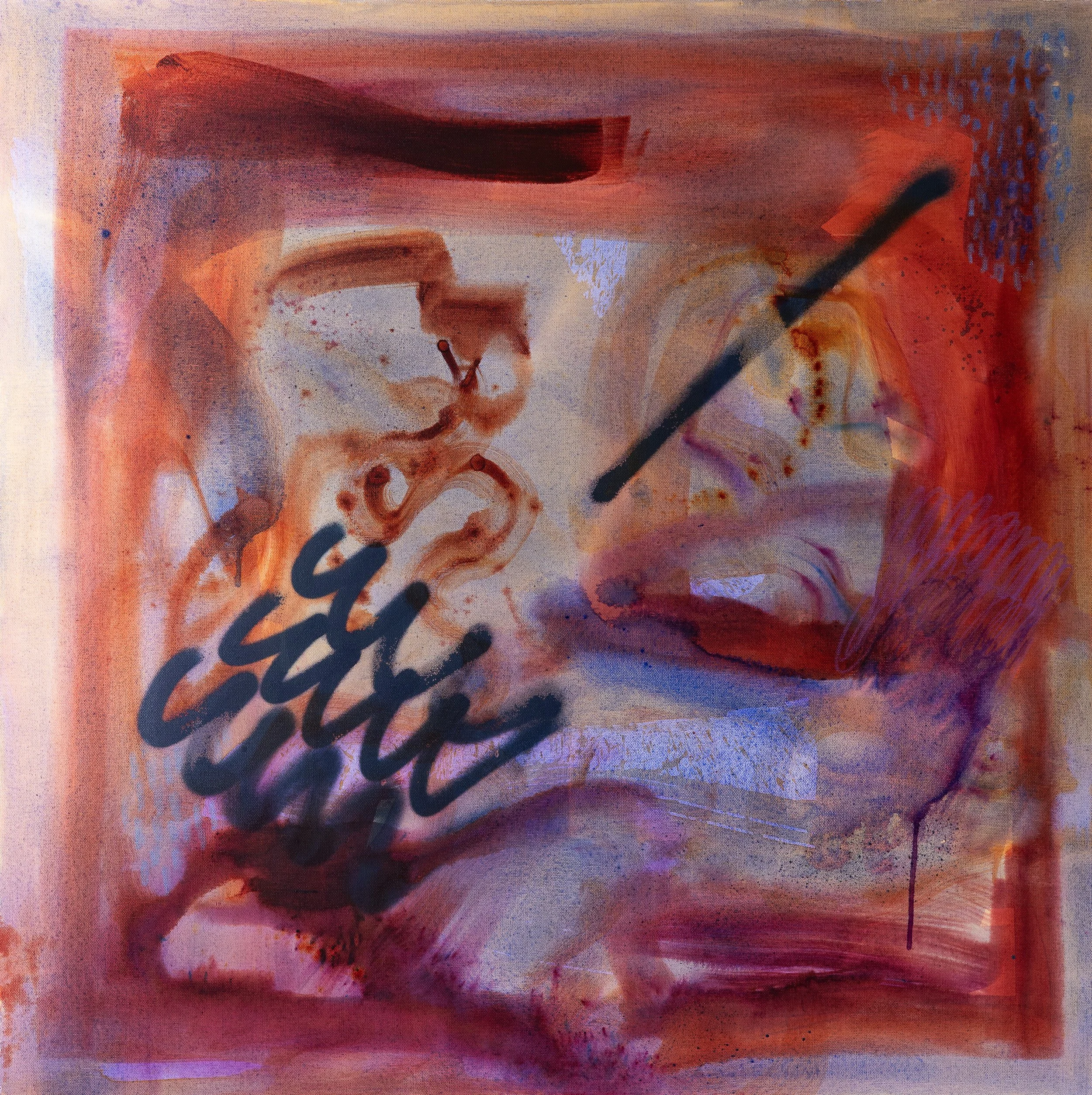 "Elusive Existence", acrylic, dye, wax pastel and spray paint on canvas, 36" x 36", 2025