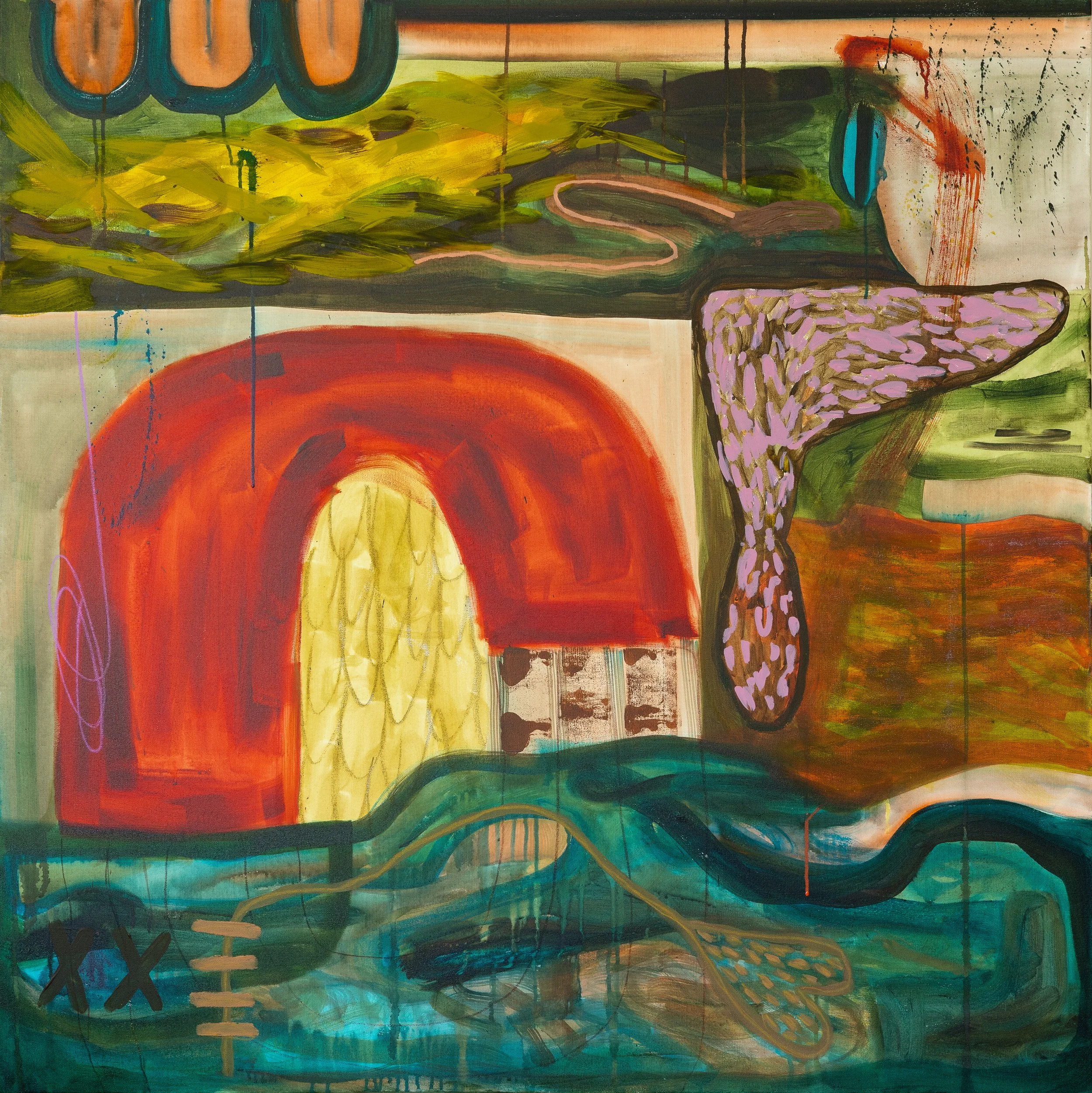 "Hands Upon My Head", Mixed Media on Canvas, 48" x 48", 2025