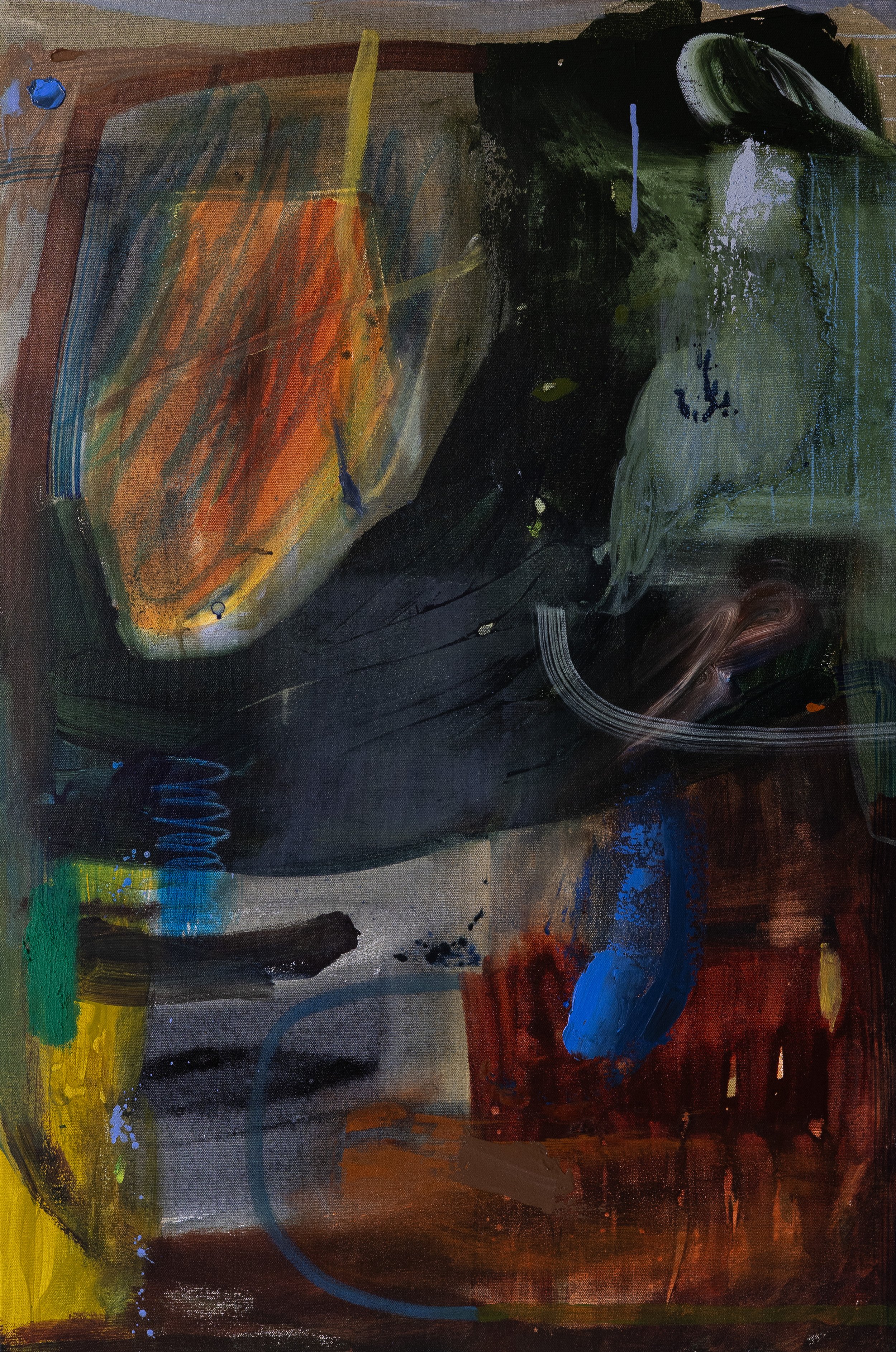 "Replaceable Substitute", Acrylic, colored pencil & wax pastel on canvas, 36" x 24", 2025