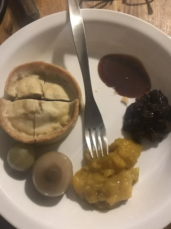 Pork Pie, Picalilli, Pickled Onions, Branston Pickle and Brown Sauce. All from the British Shoppe.