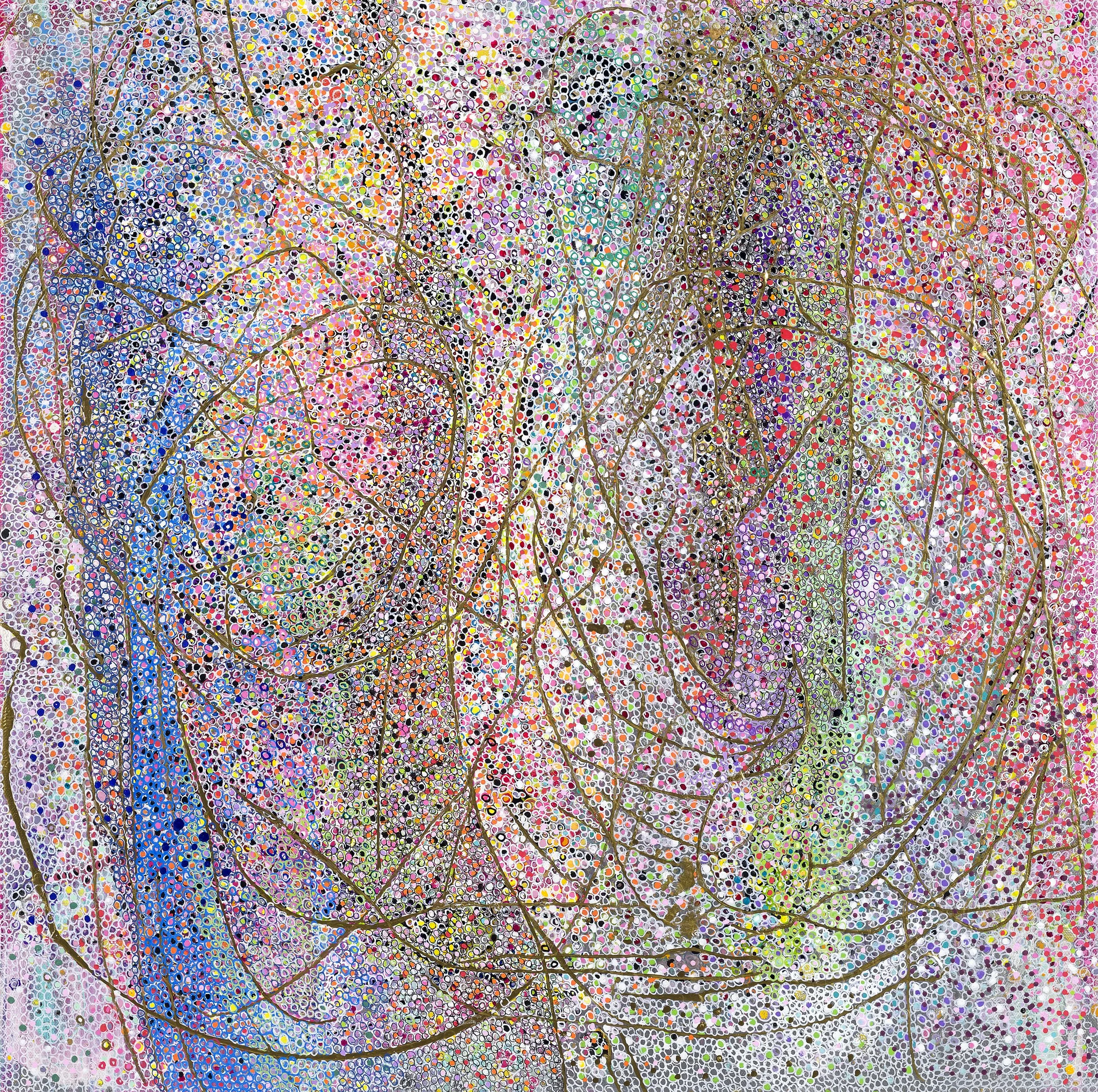 Abstract painting composed of dense fields of tiny multicolored dots—pink, blue, green, yellow, and black—overlaid with sweeping gold lines that loop and intersect across the surface, creating a sense of movement, energy, and layered visual rhythms.
