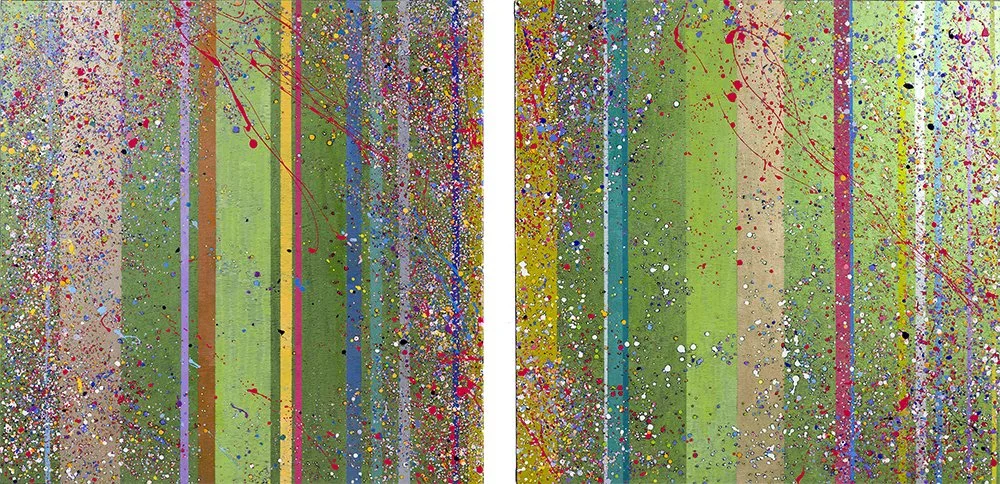 "Field Song," diptych, 48 inches x 96 inches, oil paint and acrylic marker on canvas, © 2026 Leslie Parke