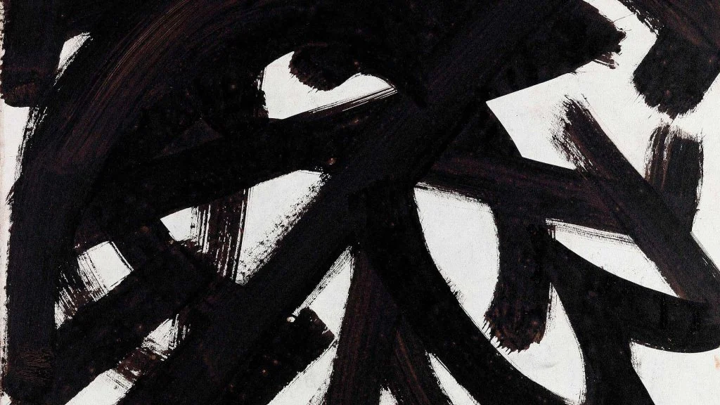A painting of large black brushstrokes on a white ground.