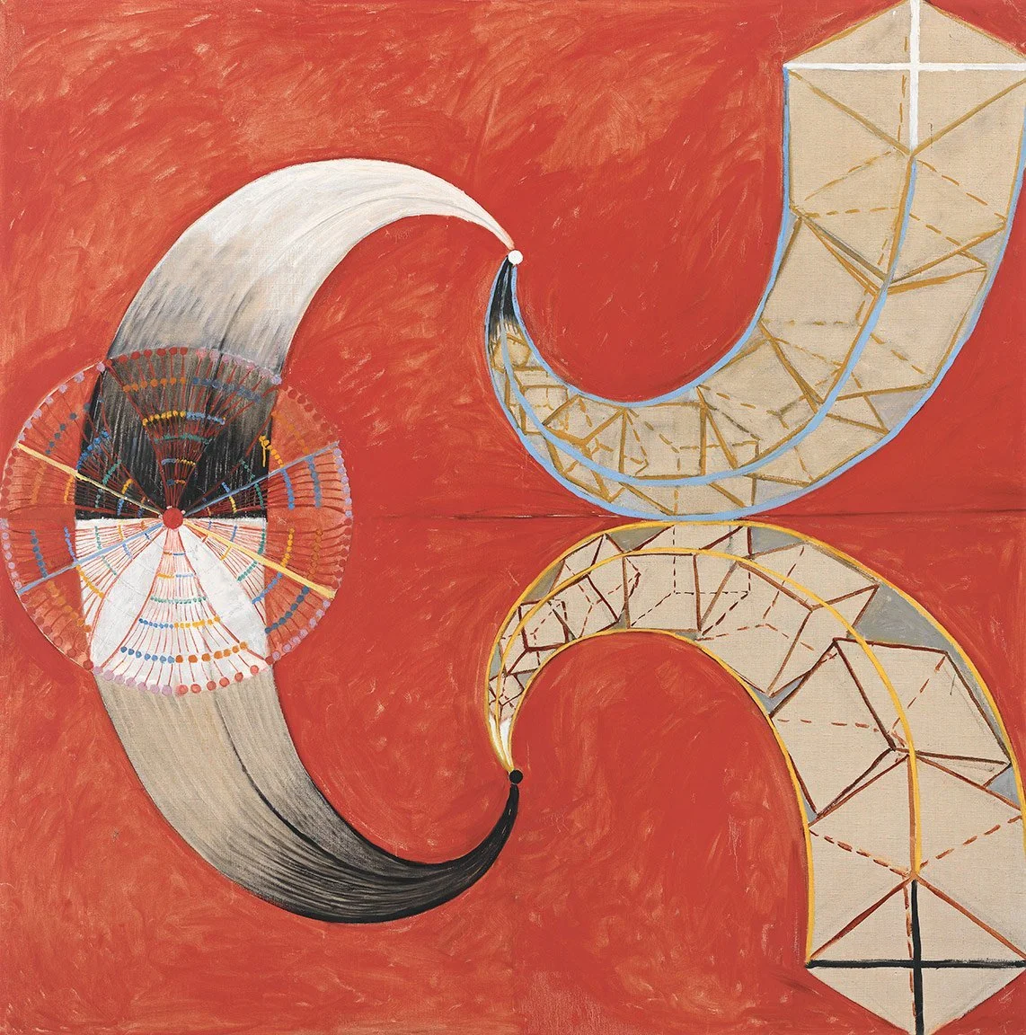 Abstract art by Hilma Af Klint with geometric shapes on a red background, including curved structures and a circular design.