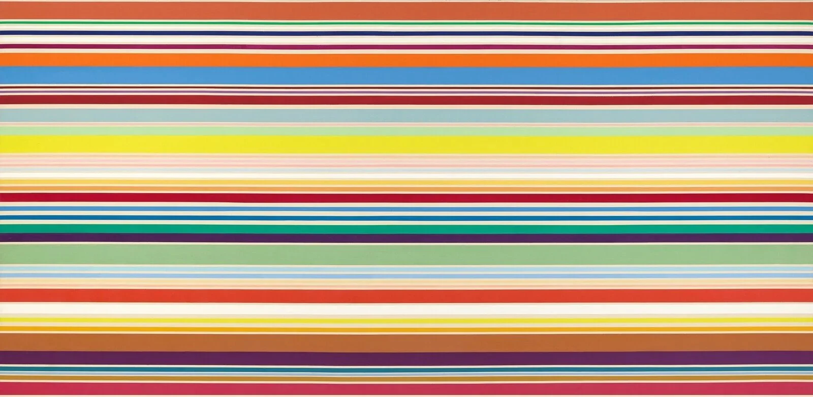 Horizontal bands of orange, blue, green, yellow, red, purple, and white in varying widths.