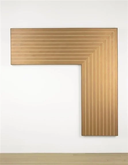 Frank Stella’s Creede II, an L-shaped copper painting with narrow parallel lines following the canvas’s right-angled contour.