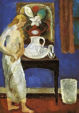 Painted interior scene of a woman standing barefoot in a blue room beside a small table with a bowl and pitcher. Loose brushwork and simplified forms emphasize color relationships and quiet domestic stillness.