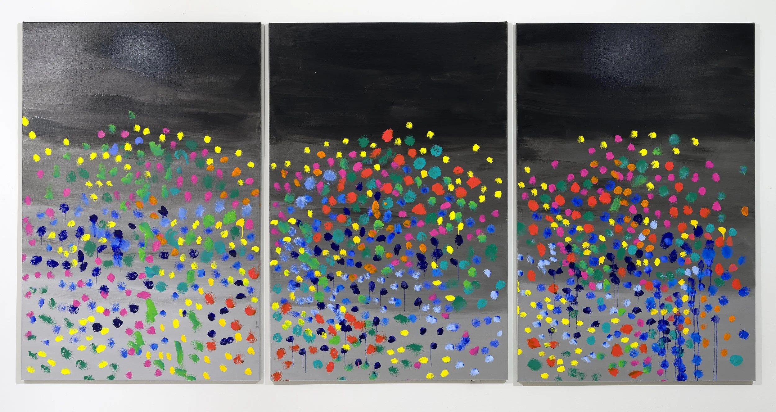 Leslie Parke painting in three parts with a dark and moody ground, reflective silver covered with blotches of colorful paint.