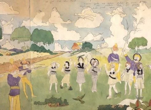 Watercolor painting by Henry Darger showing children and haloed figures standing in a grassy landscape while armed soldiers aim rifles nearby. Soft pastel colors and playful forms contrast with the scene’s underlying threat and tension.