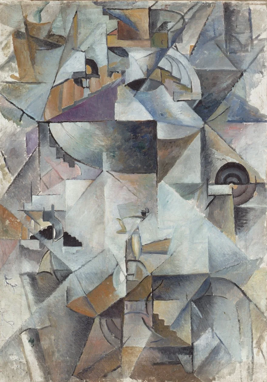 Kazimir Malevich’s Samovar, a Cubist-style painting that breaks the household object into overlapping geometric planes in muted gray, brown, and metallic tones.
