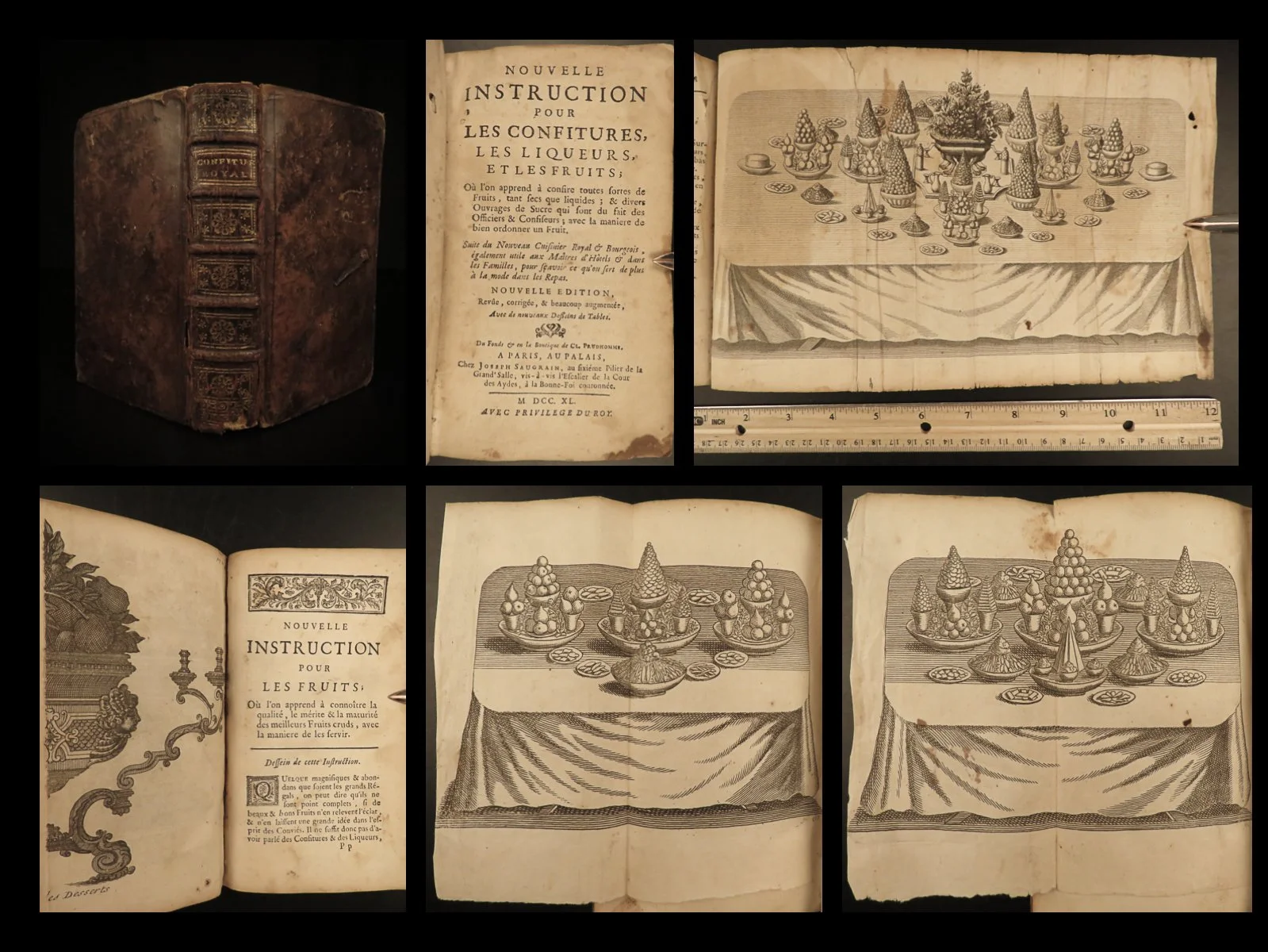 Several images from an old book in French of the table setting for Louis XIV.