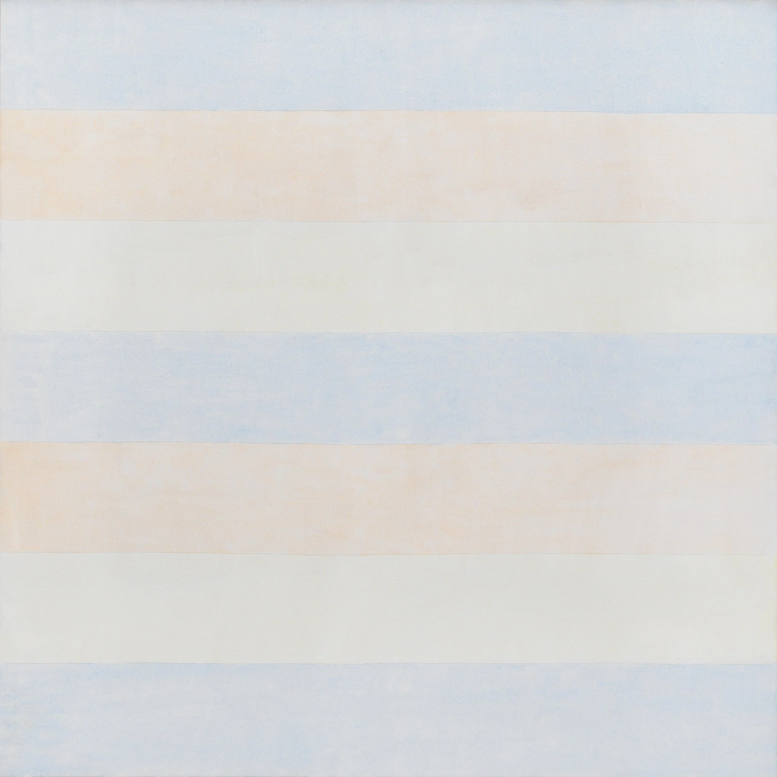 Agnes Martin, Untitled #5: Pale horizontal bands of blue, cream, and white create a quiet striped field.
