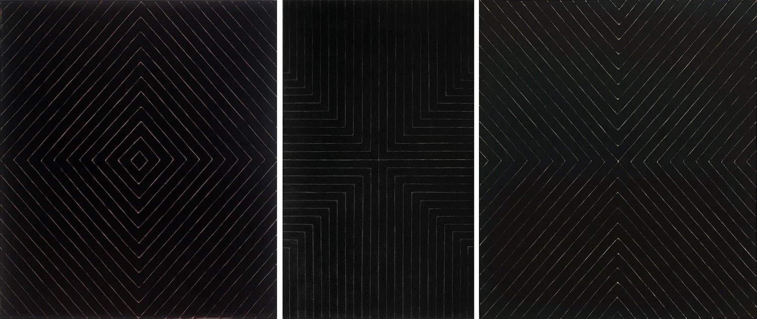 Three Frank Stella Black Paintings shown side by side, with narrow exposed-canvas lines forming a nested diamond, a cross, and opposing chevrons within black fields.
