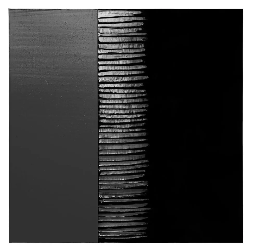 A square black painting where the left side appears black with a matte finish, the center has marks scrapped though the black paint in horizontal st