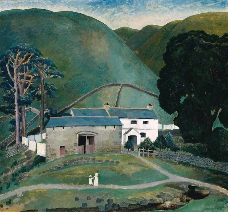 Painted landscape of a rural valley with rolling green hills, farm buildings, and tall trees. A winding path leads past white cottages, with two small figures walking in the foreground beneath a broad sky.