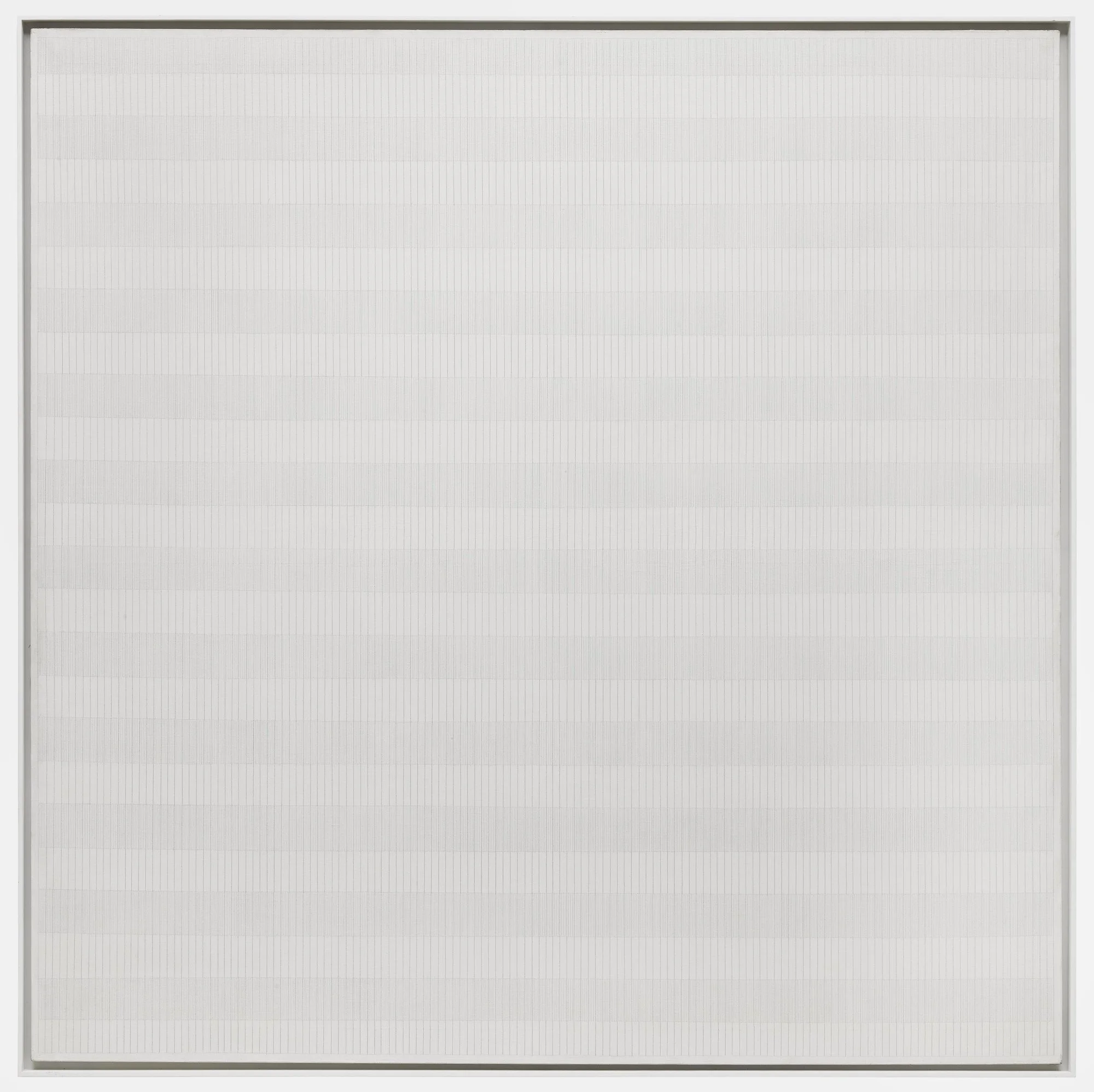 Agnes Martin, The Tree: A faint pencil grid covers a white square canvas, creating a delicate structure of repeated lines.