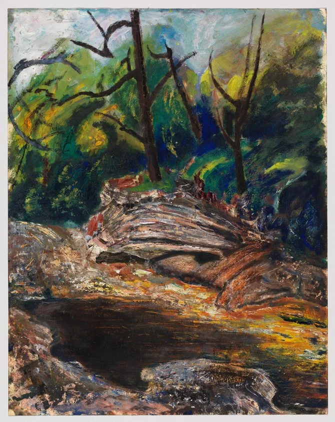 “Carl Ruggles – ‘Trumpet Flower,’ 1940 watercolor: vivid red blossom floating on blue pool, bold expressive color and brushwork.”