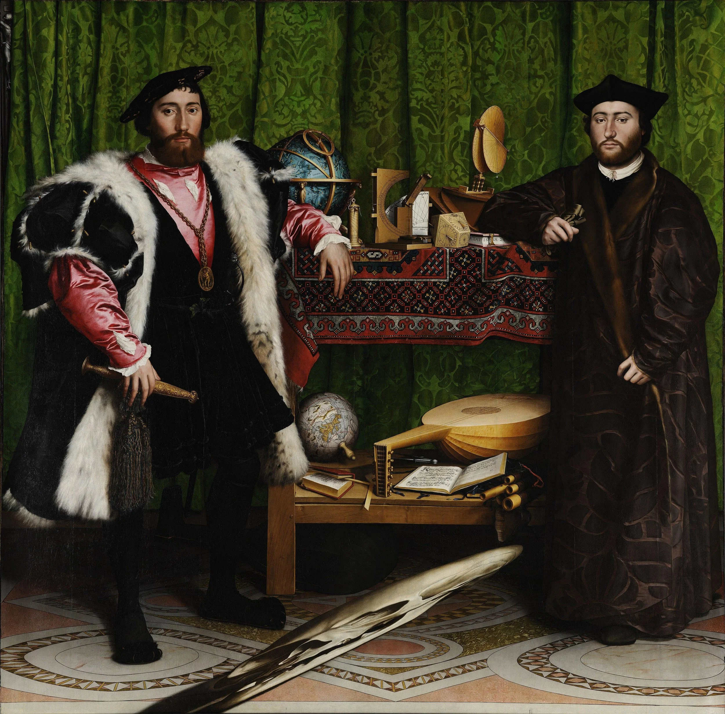Hans Holbein the Younger’s The Ambassadors, showing two richly dressed Renaissance men surrounded by scientific instruments, globes, books, and musical objects, with a distorted skull stretched across the foreground.