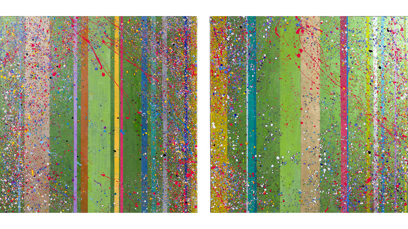 Diptych with vertical bands of green, turquoise, pink, tan, and gray, overlaid with dense multicolored drips, splatters, and looping red lines.
