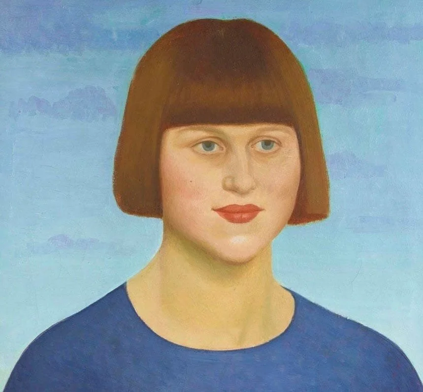Painted portrait of a young woman with a short brown bob and blunt bangs, wearing a blue top. Smooth modeling, simplified features, and a pale blue sky background create a calm, frontal, iconic presence.