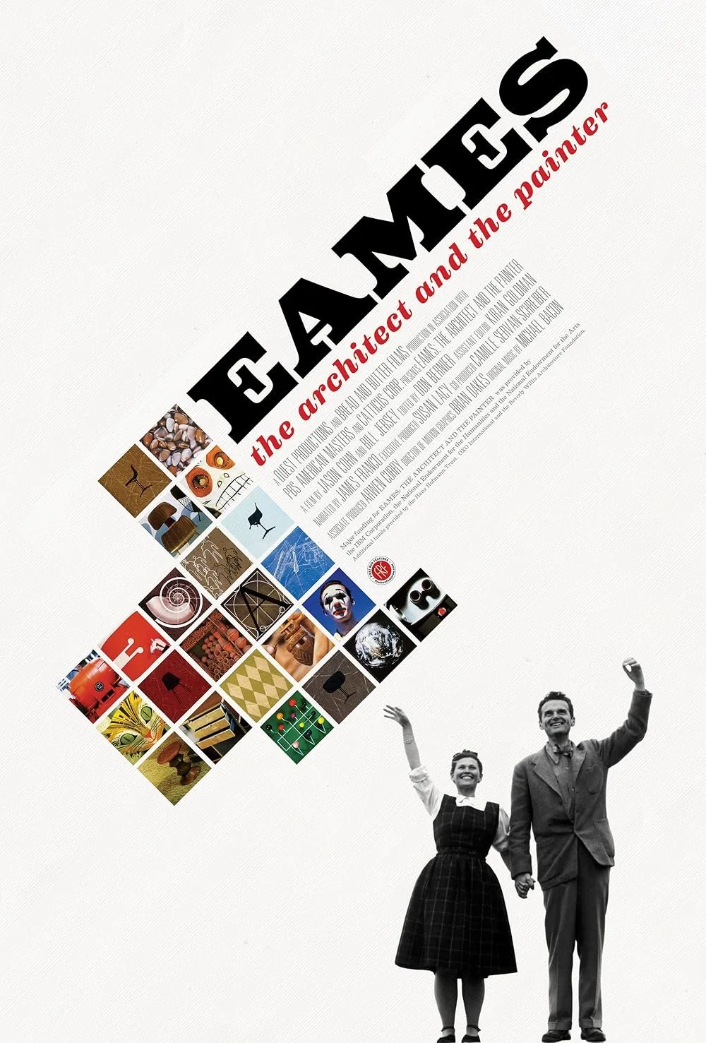 Poster for Eames: The Architect and the Painter featuring Charles and Ray Eames holding hands and waving beneath a diagonal collage of design images and bold title text.
