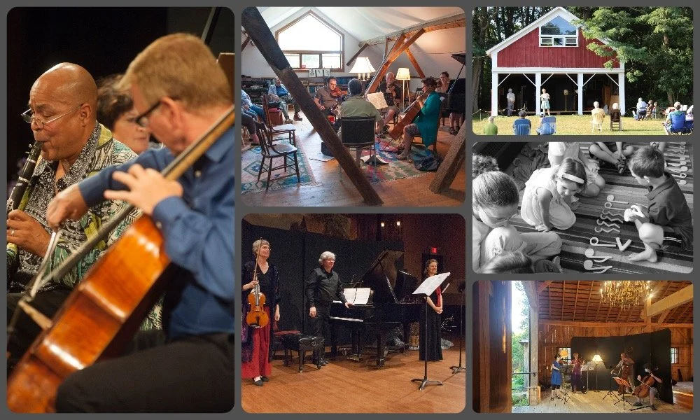 Various pictures of chamber music performers in a concert, rehersing in a barn, playing outdoors, working with children.