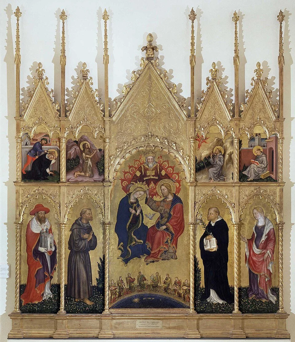 Gentile da Fabriano’s Valle Romita Polyptych, c. 1410–12, showing the Virgin and Child with saints and angels arranged in a richly gilded multi-panel altarpiece.