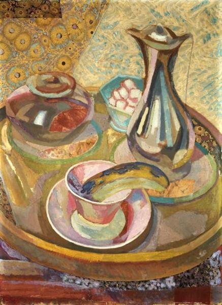 Colorful painted still life of a round table holding a coffee pot, patterned bowl, cup and saucer, and a curved piece of fruit. Layered brushstrokes and decorative motifs flatten space and emphasize color and rhythm.